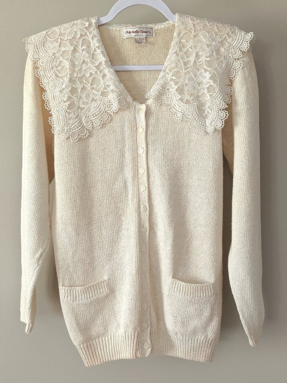 Vintage lace sailor collar cardigan twee 80s 90s grandma style sz S/M
